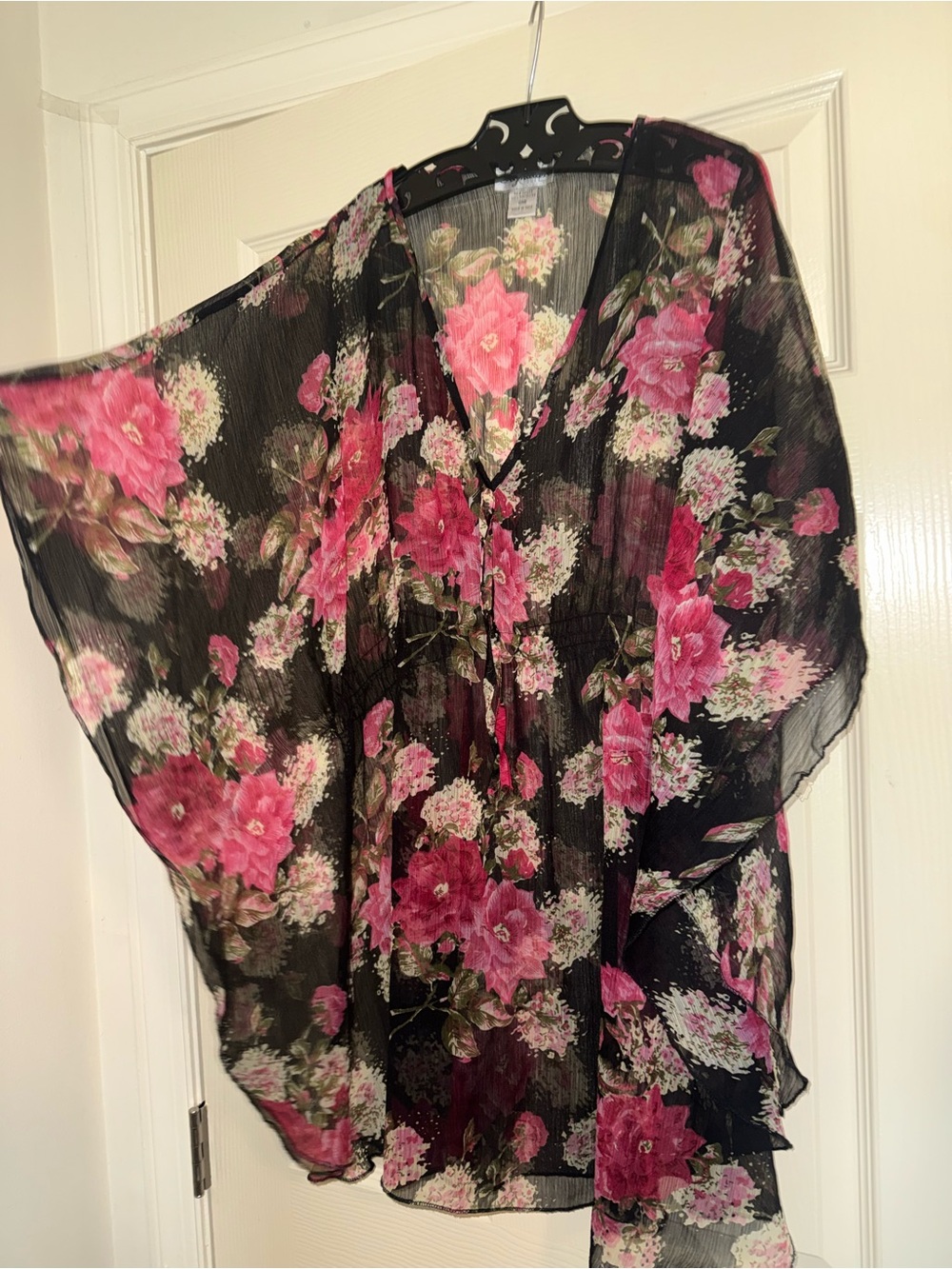 Signature Black Sheer V-Neck Tunic with Pink Floral Print